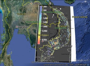 In this Image from google earth I layered a map of the Ho Chi Minh Trail, and a map of the herbicides sprayed across Vietnam during the war. Both maps are cited below.